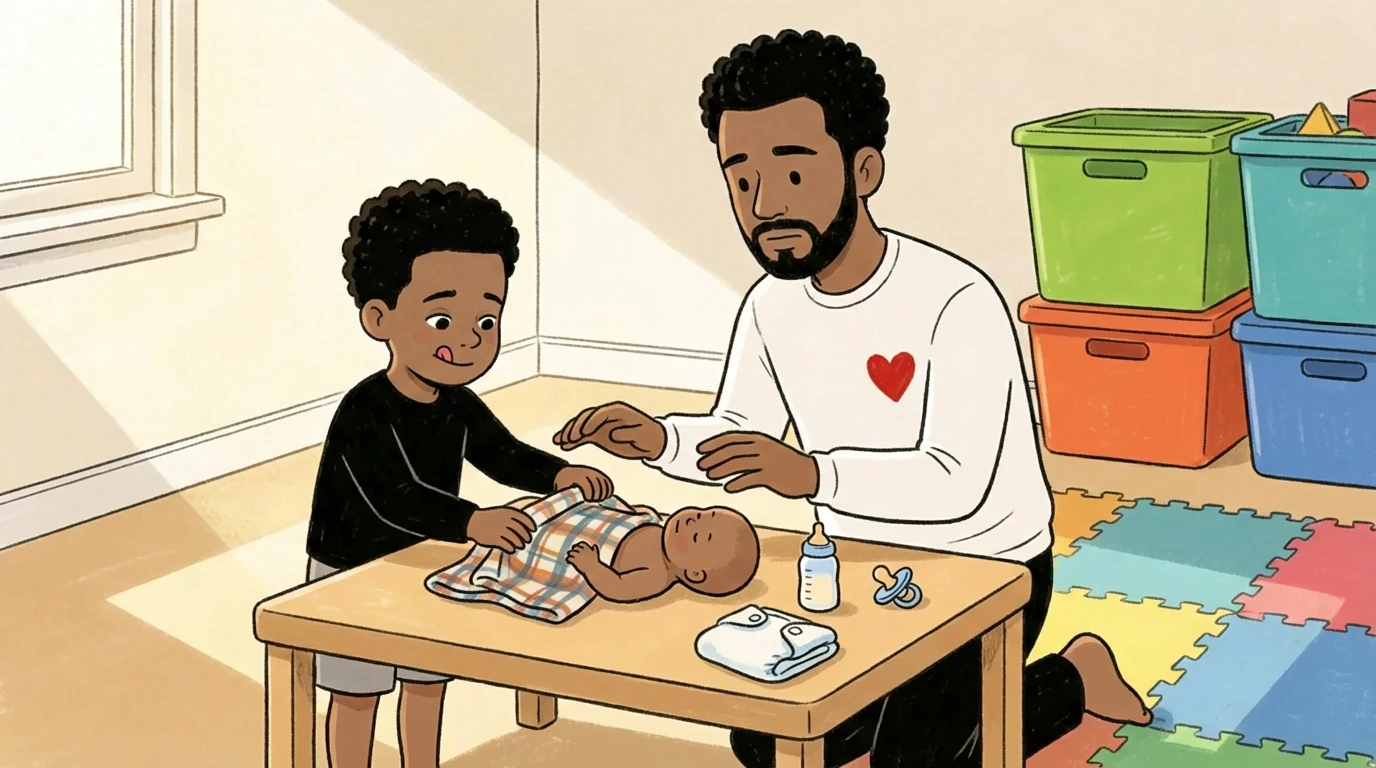 Adult and young child lean over a table together with a baby doll and bottle on the surface