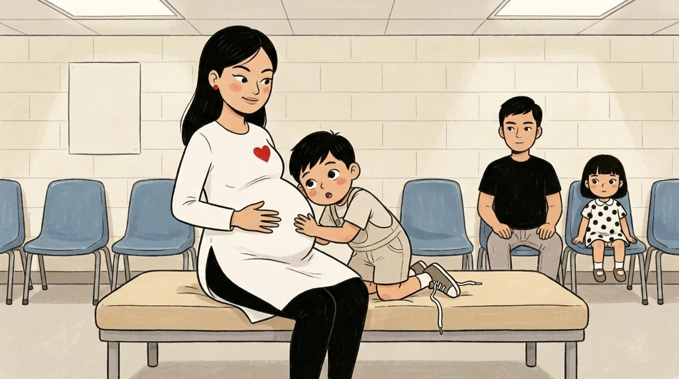 Pregnant woman sits on an exam table as a toddler presses an ear to her belly in a waiting room