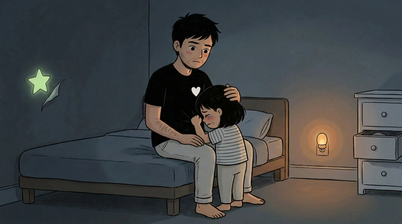 Parent sits on child's bed in a dark room with a nightlight glowing while stroking the child's head