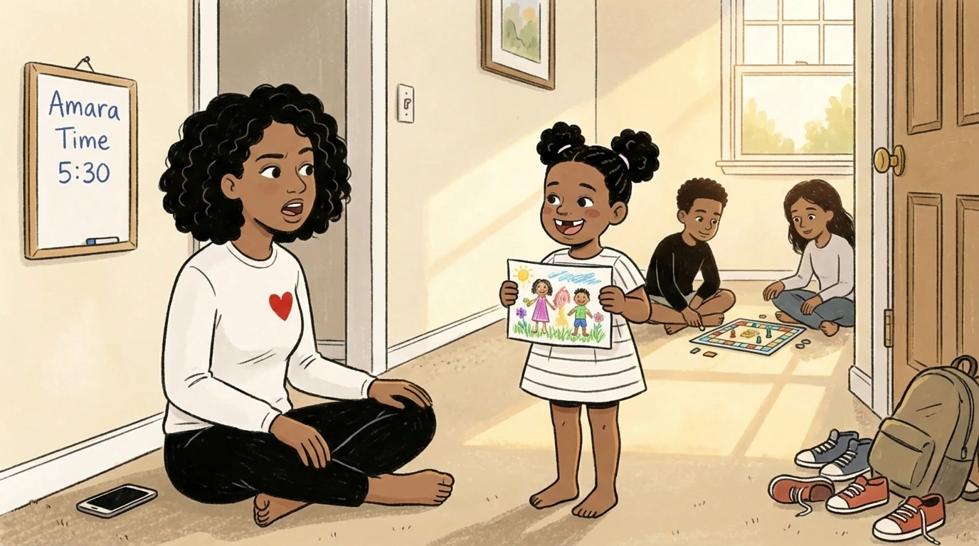 Parent sits cross-legged on floor as child holds up a family drawing; siblings play in background
