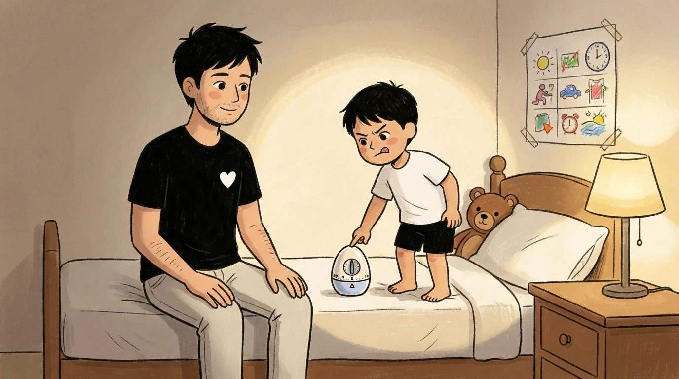 Parent sits on bed beside a toddler pointing at a timer; activity chart taped to the wall behind them