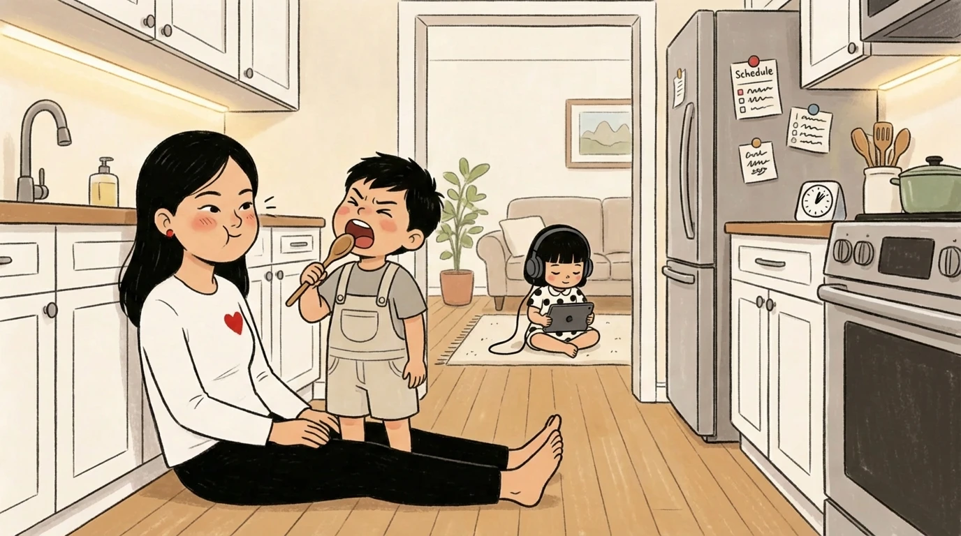 Parent sits on kitchen floor with a toddler on their lap; younger child plays alone nearby