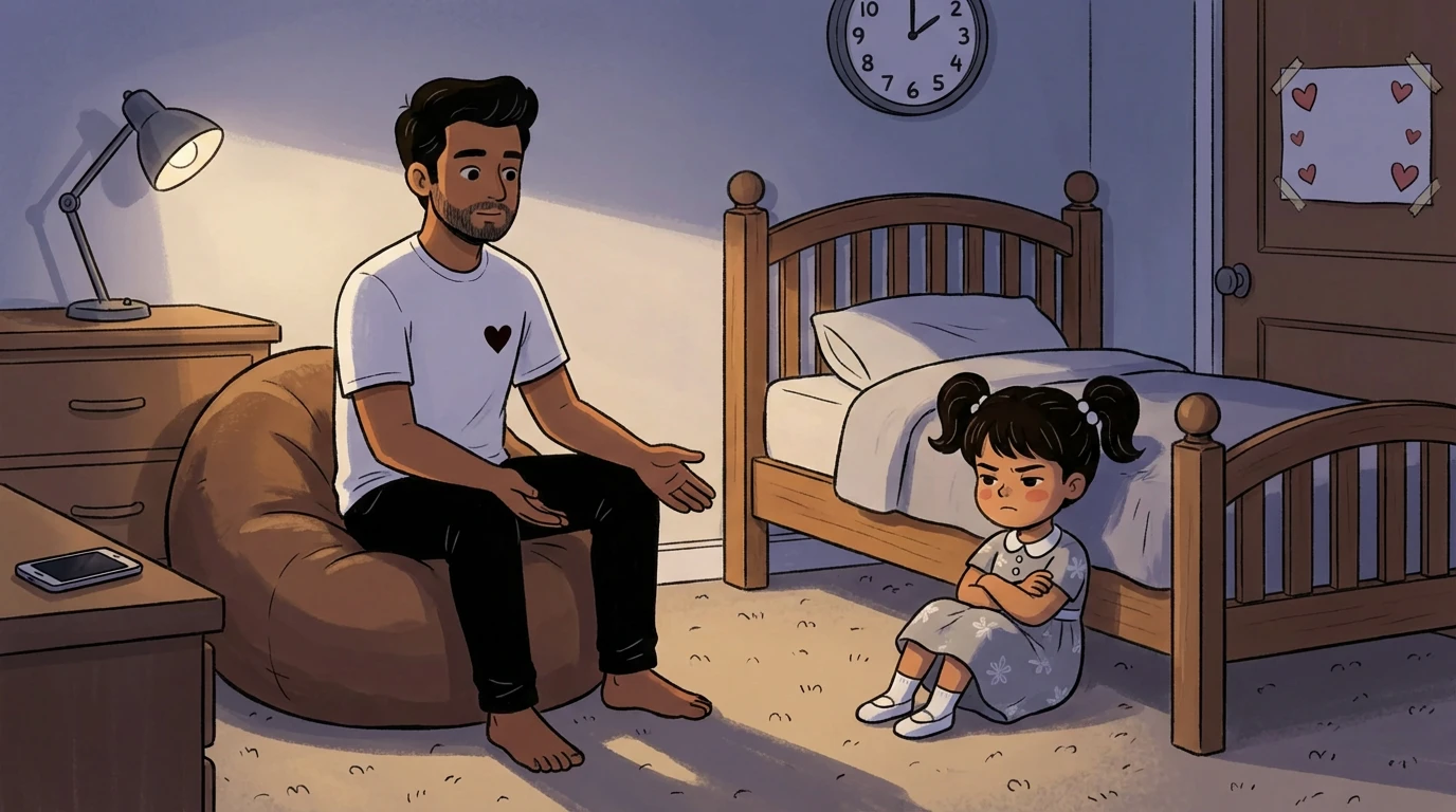 Parent on a beanbag chair speaks to a young child sitting on the floor with arms crossed, in a bedroom