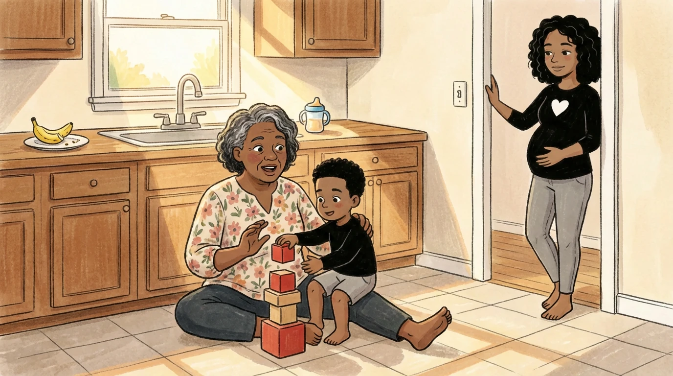 Older grandchild stacking blocks on kitchen floor beside grandmother while pregnant woman stands in doorway