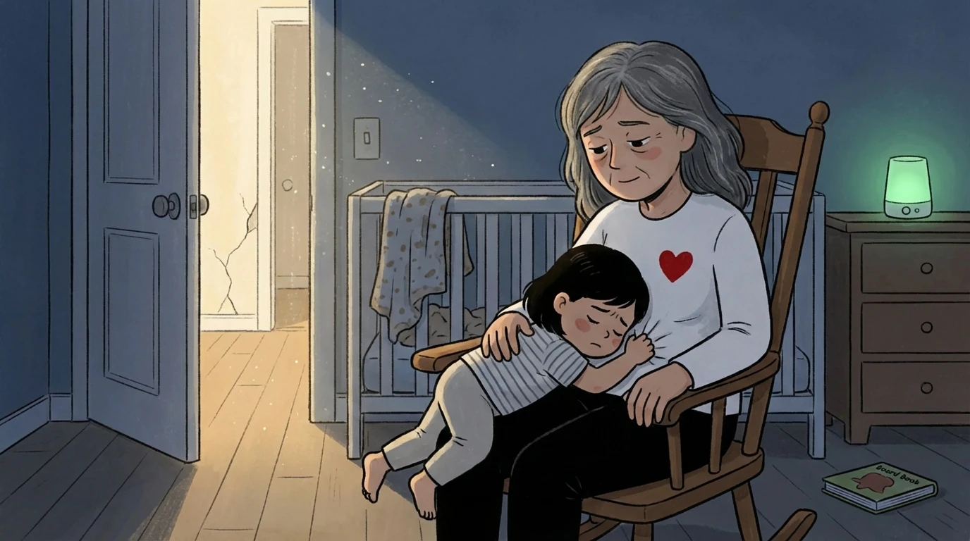 Gray-haired woman holding a child on her lap in a rocking chair beside a crib in a dimly lit nursery