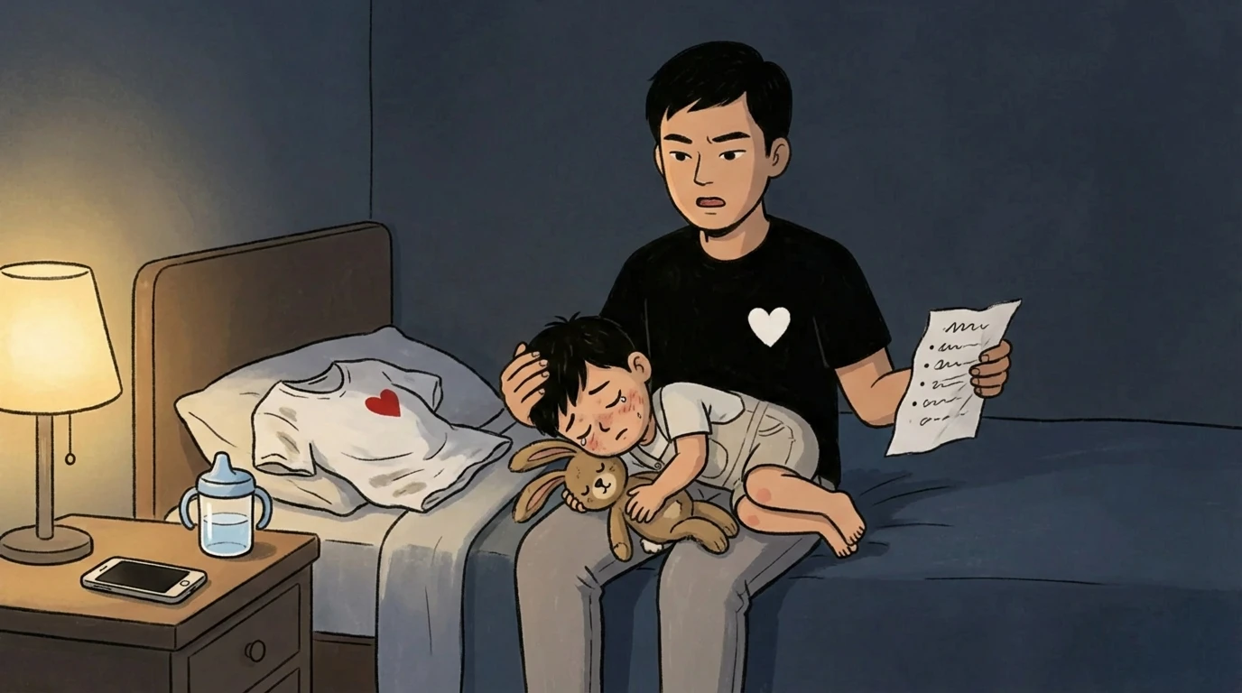 Adult sitting on bed beside a sleeping child clutching a stuffed rabbit while holding a handwritten note