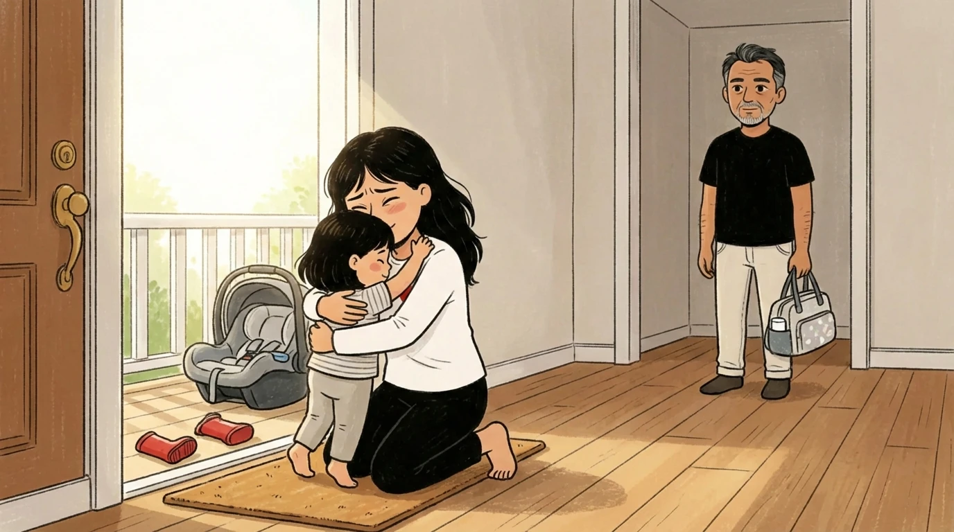 Woman kneeling on doormat hugging a small child as a man with a bag waits in the hallway behind them