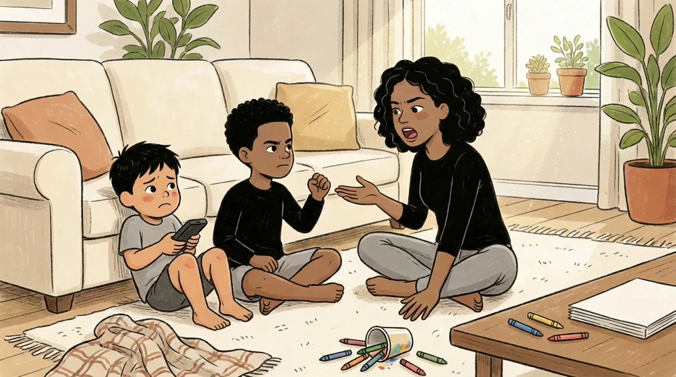 Mother coaching two siblings on emotion while sitting cross-legged on living room floor