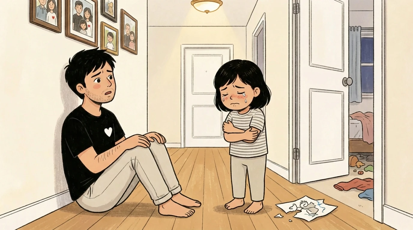 Father at floor level with tearful child in hallway after sibling fighting left a torn drawing