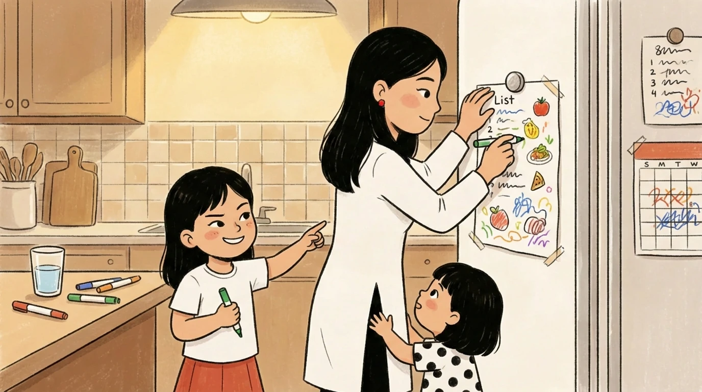 Mother pointing to a feelings chart on the fridge while two daughters look on in the kitchen