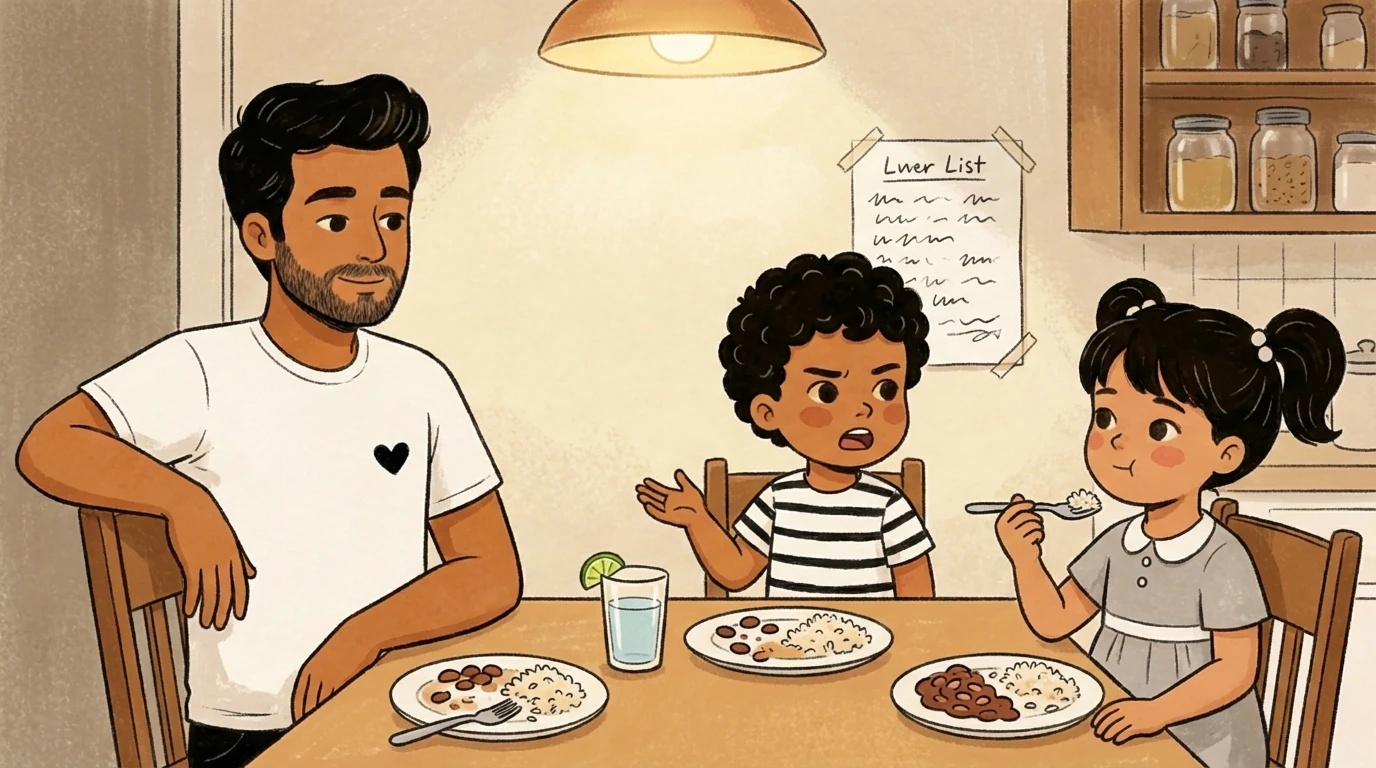 Father listening as a young boy gestures at the dinner table while his sibling eats beside him