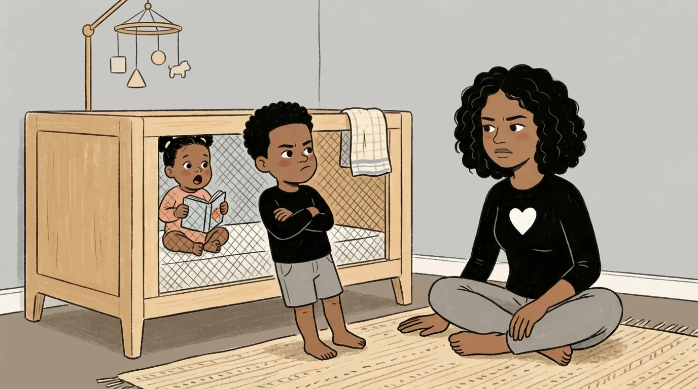 Parent sits cross-legged on floor while young child stands arms crossed beside a crib with a baby inside