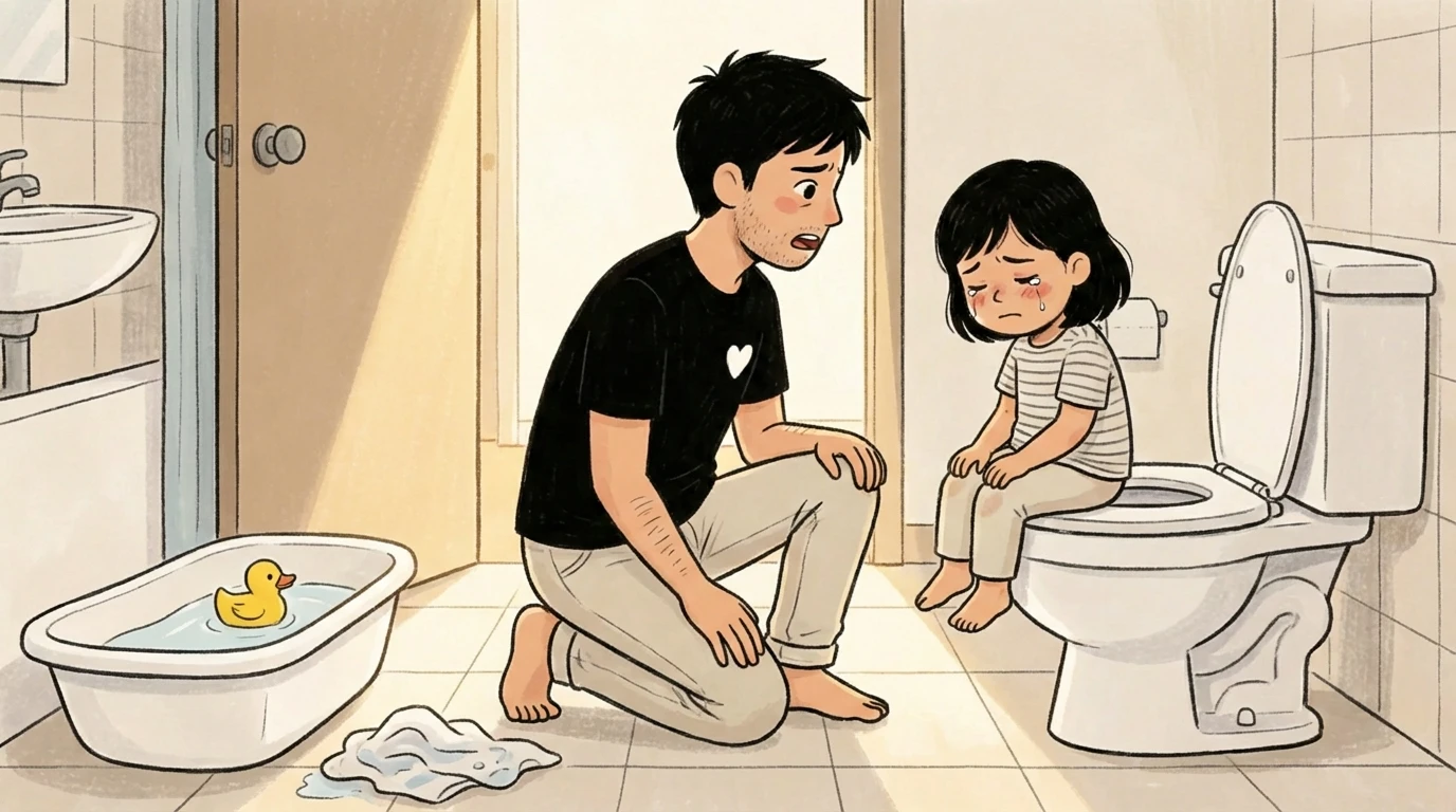 Adult kneels on bathroom floor talking to a tearful child sitting on the toilet with a baby tub nearby