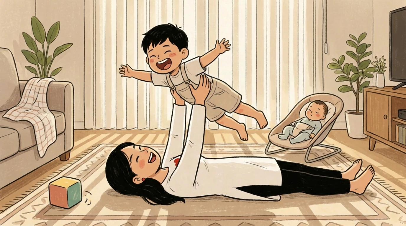 Parent lies on living room floor lifting a laughing toddler overhead while a baby rests in a bouncer