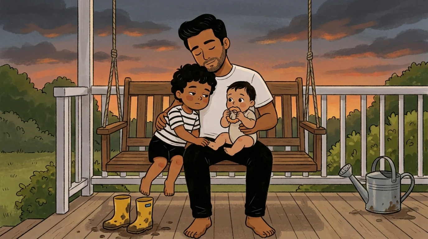 Adult sits on a porch swing at dusk holding a baby, with a young child leaning close beside them