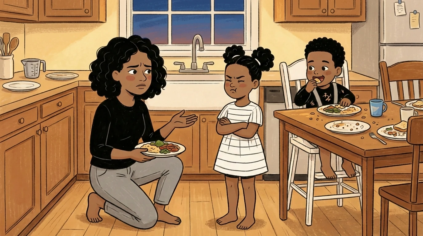 Mother explaining to a child with crossed arms while a sibling eats, a common fair-or-not standoff