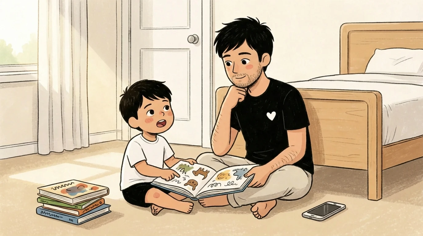 Father sitting on bedroom floor reading a picture book with his child, one-on-one time that dissolves rivalry