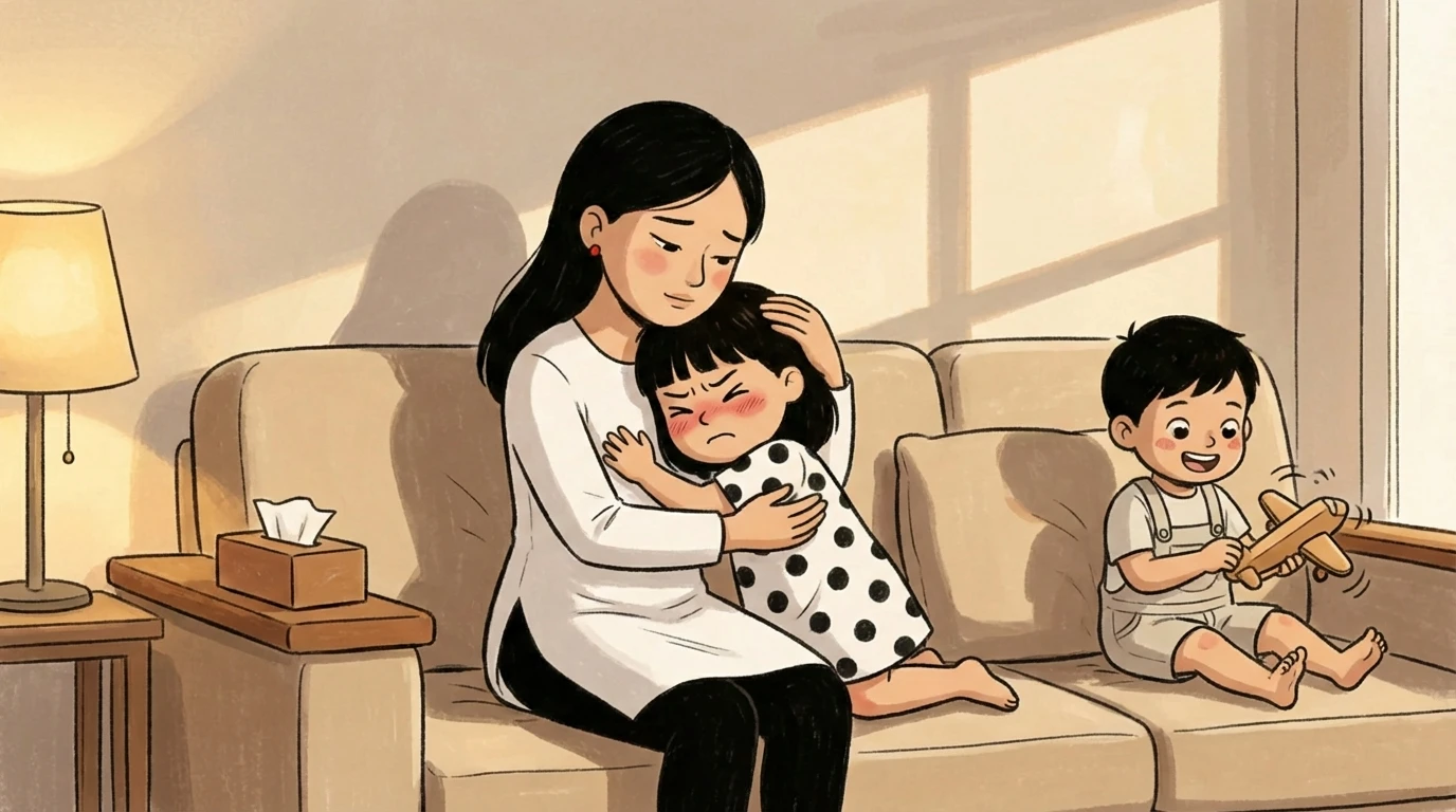 Mother holding a child on the sofa while her sibling plays with a toy airplane, a moment of sibling jealousy