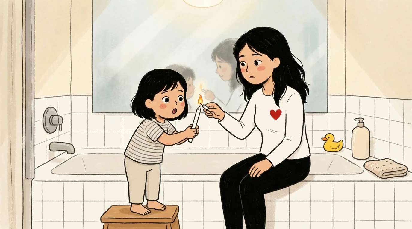 Mother perched on bathtub edge handing a lit candle to a small child standing on a stool