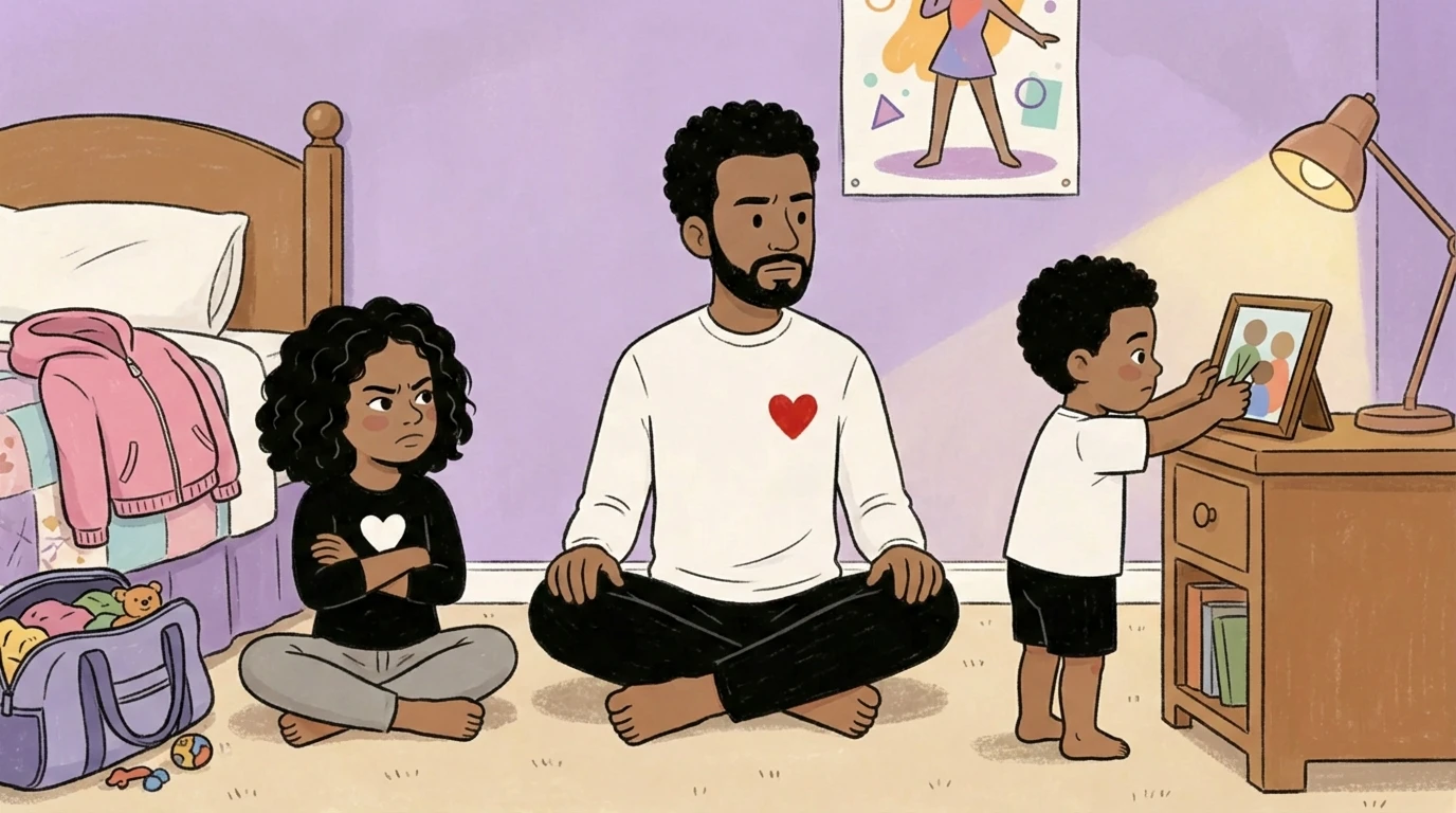 Father on bedroom floor between two siblings as a toddler touches a framed family photo on the nightstand