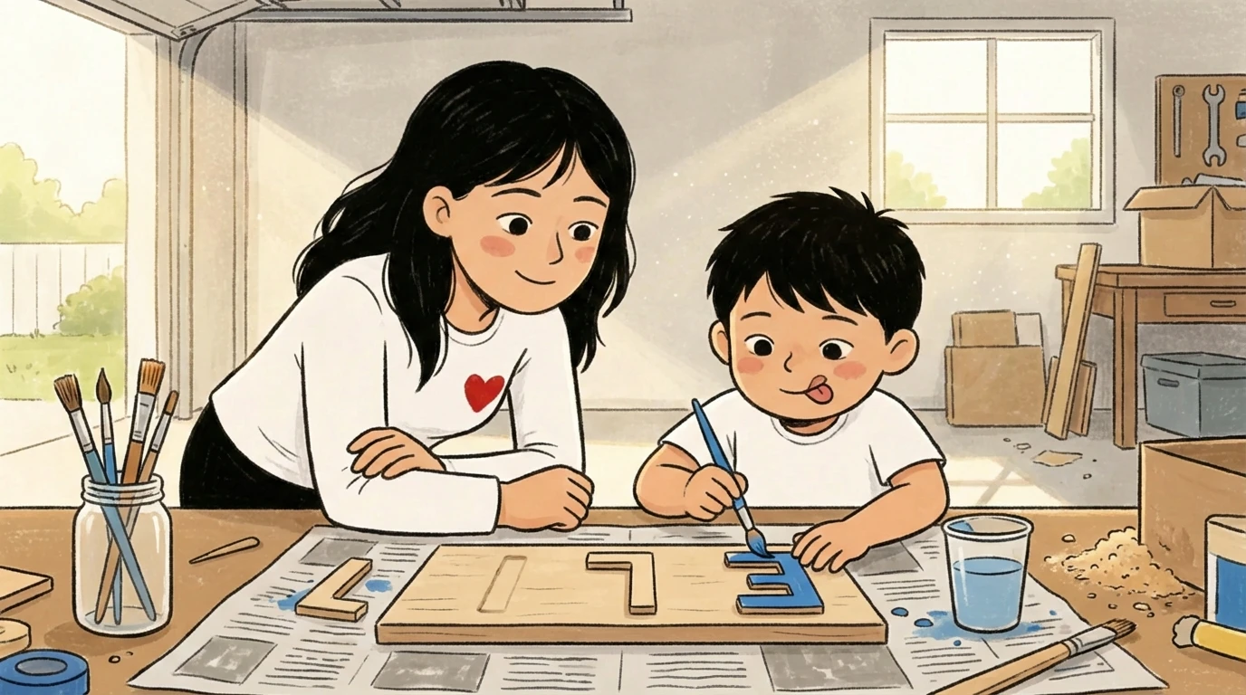 Woman and young boy doing an art project together at a table covered in paper and paint