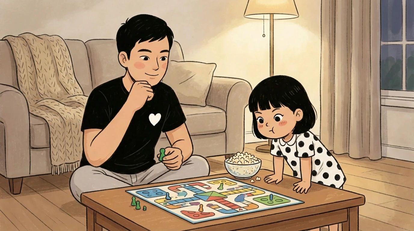Older step-sibling and younger child playing a board game on a living room coffee table
