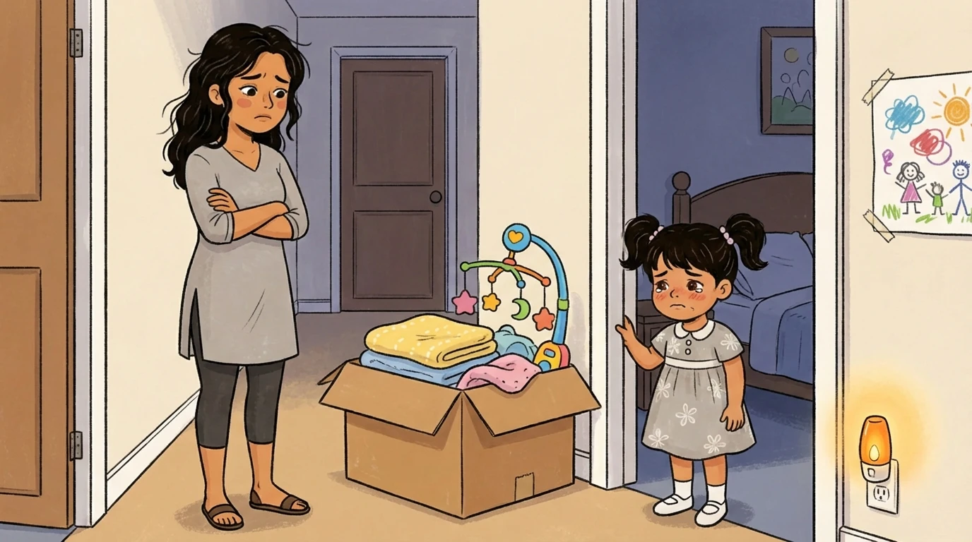 Woman and small child in hallway beside a box of baby items as a blended family adjusts to change