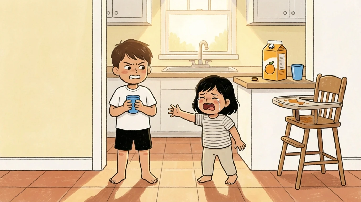 Two siblings fight over a blue cup in the kitchen, younger child crying and reaching out