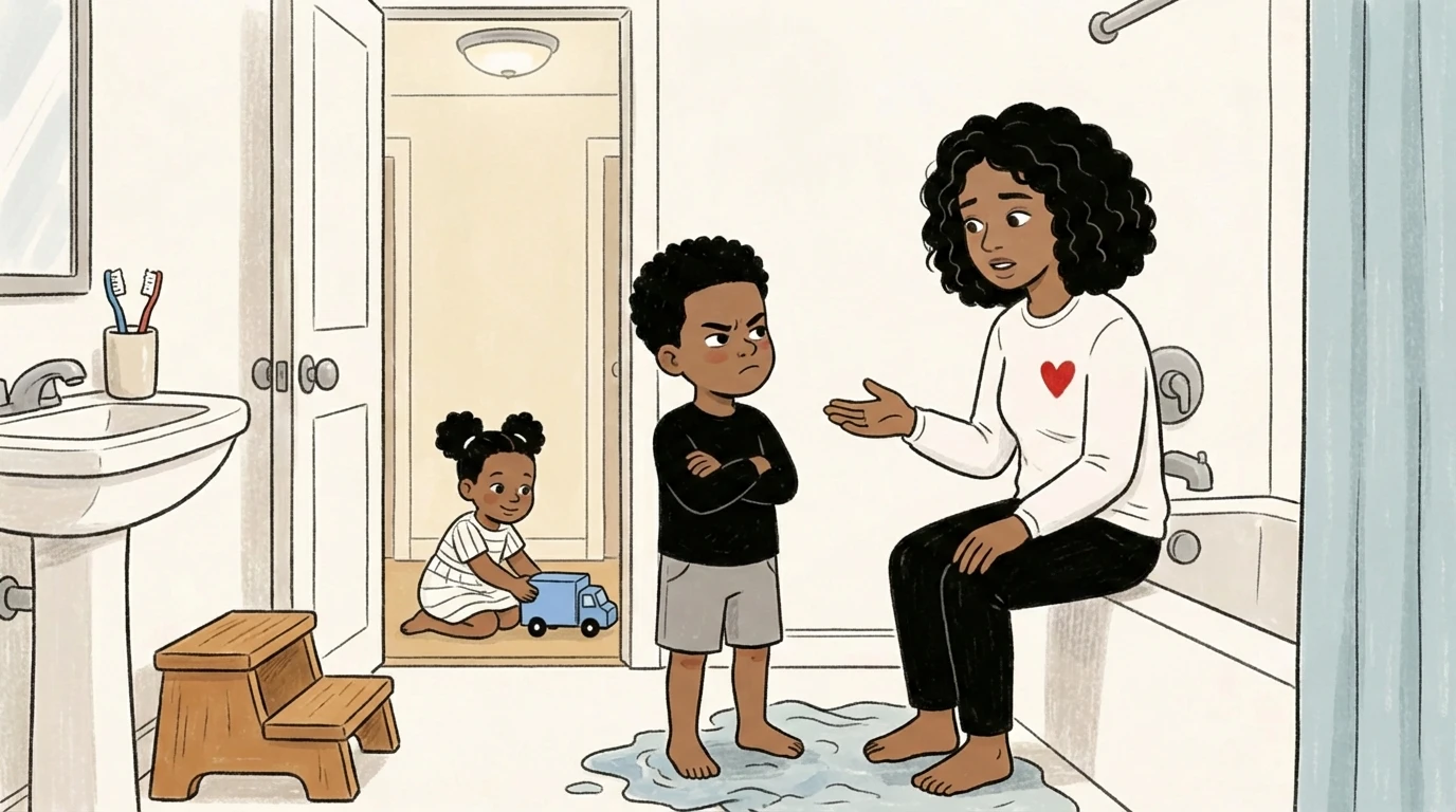 Parent seated on bathtub edge talking with a cross-armed child while a toddler plays nearby