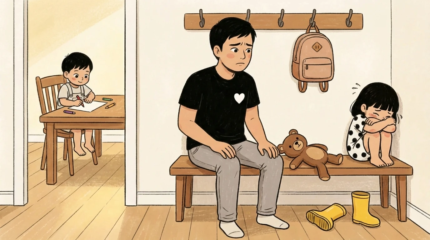 Father sits on a bench beside a small child curled against the wall, a teddy bear between them