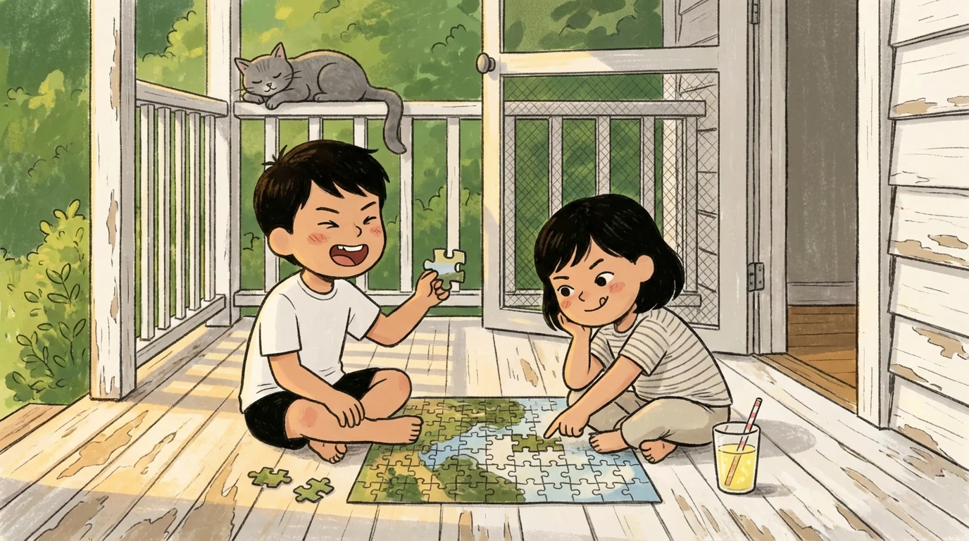 Two siblings working a puzzle together on a porch