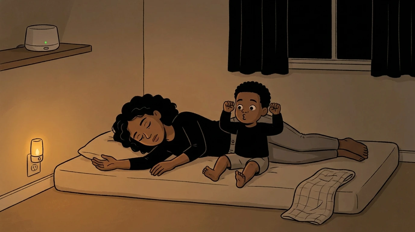 Adult lying asleep on a floor mattress beside a wakeful baby raising its fists in a dim room