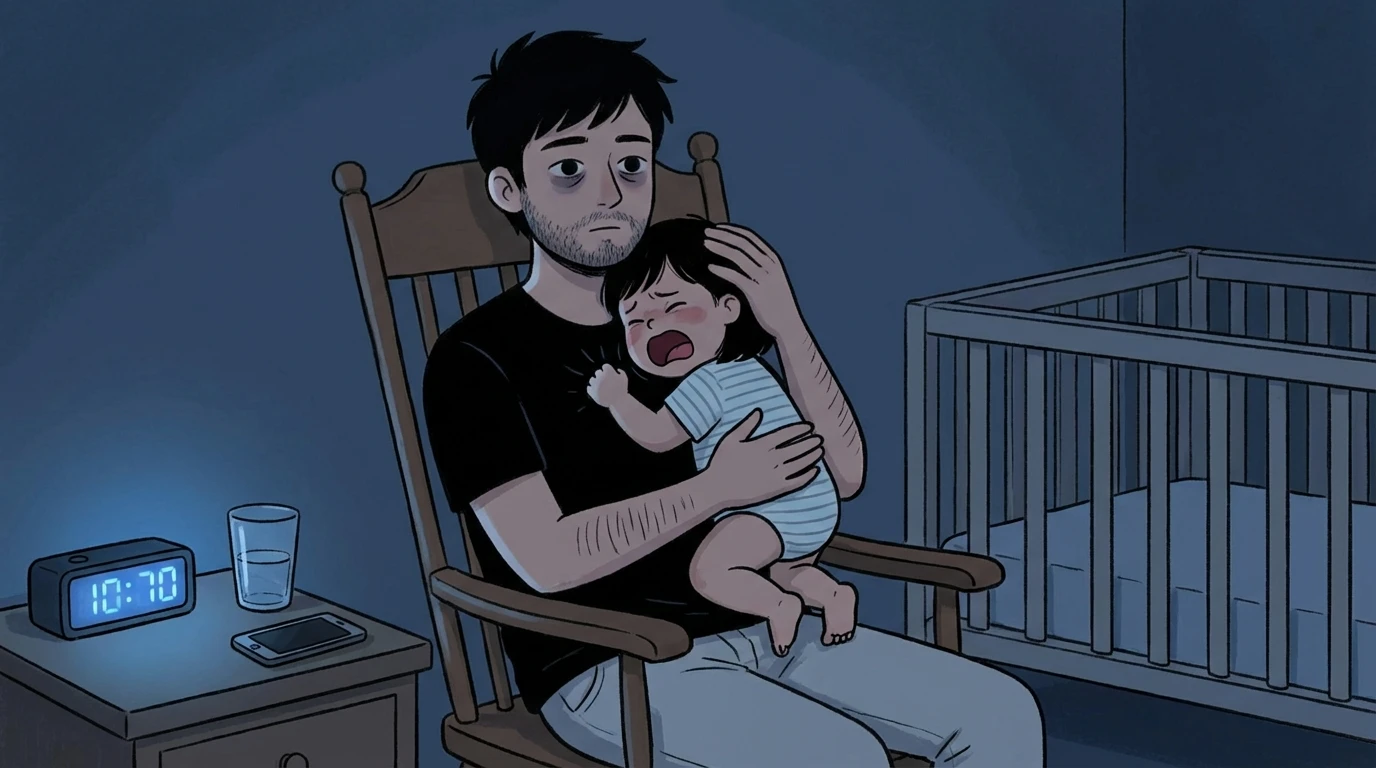 Parent in a rocking chair holding a crying baby at night with a crib and clock visible nearby