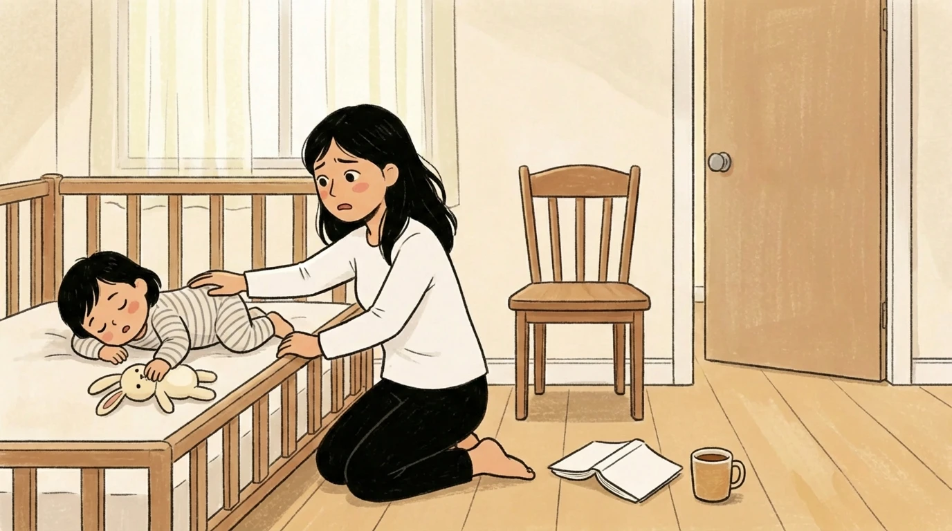 Adult kneeling beside a crib and patting a sleeping baby holding a stuffed rabbit toy