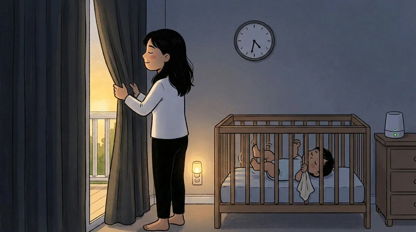 Adult pulling back a curtain at dusk while a baby stretches awake in a crib across the room