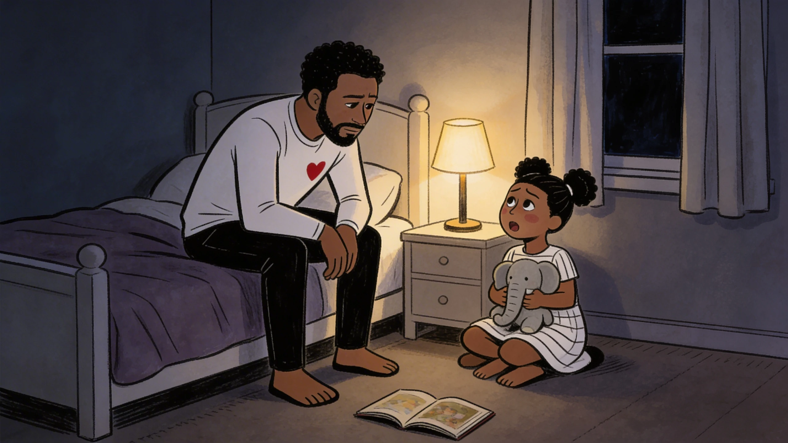 Adult sits on bed leaning toward a child on the floor holding a stuffed elephant, lamp lit at night
