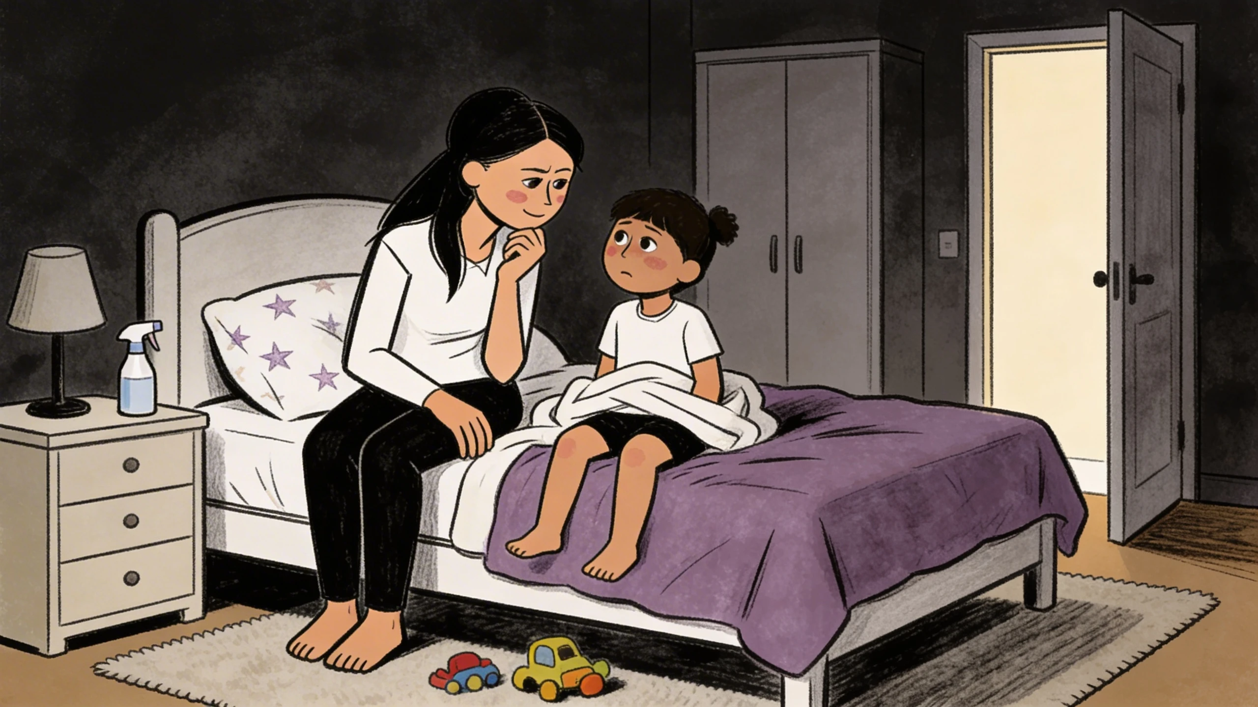 Adult sits on a child's bed beside a spray bottle on the nightstand while the child looks up from the covers