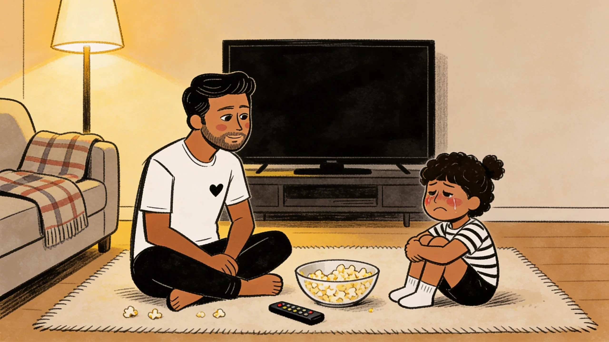 Adult and child sit on a rug facing a dark TV screen with a bowl of popcorn between them