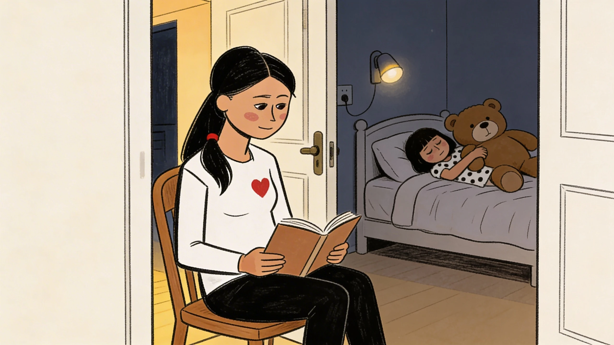 Adult reads a book in a doorway while a child sleeps in bed hugging a large teddy bear