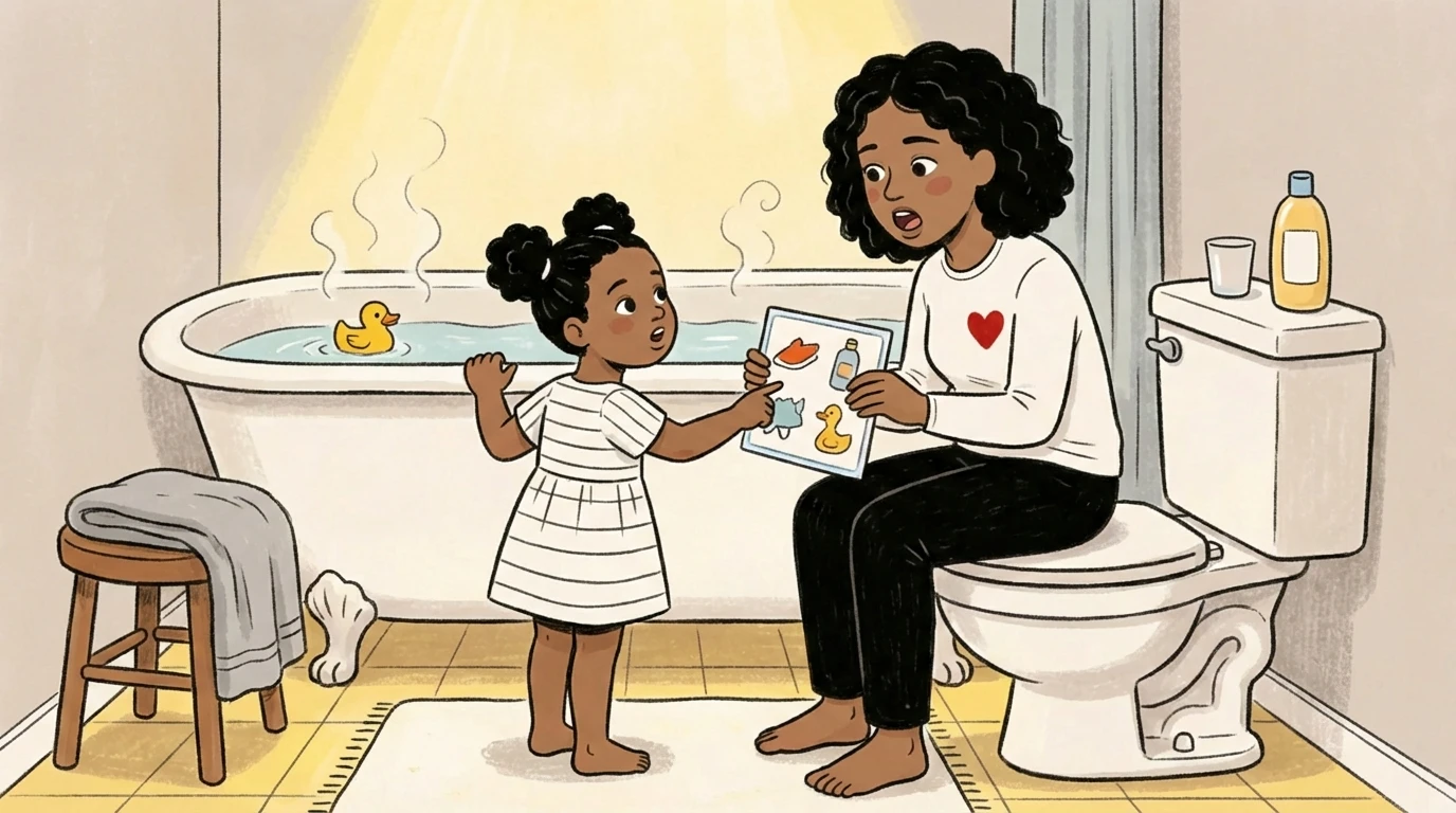Parent shows toddler a visual bedtime routine card beside a steamy bath with a rubber duck