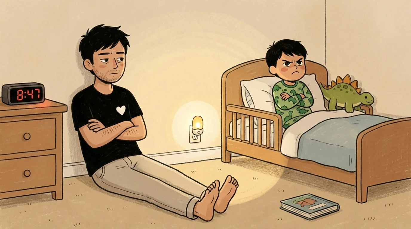 Dad sits on floor arms crossed as child in dinosaur pajamas refuses sleep; clock reads 8:47