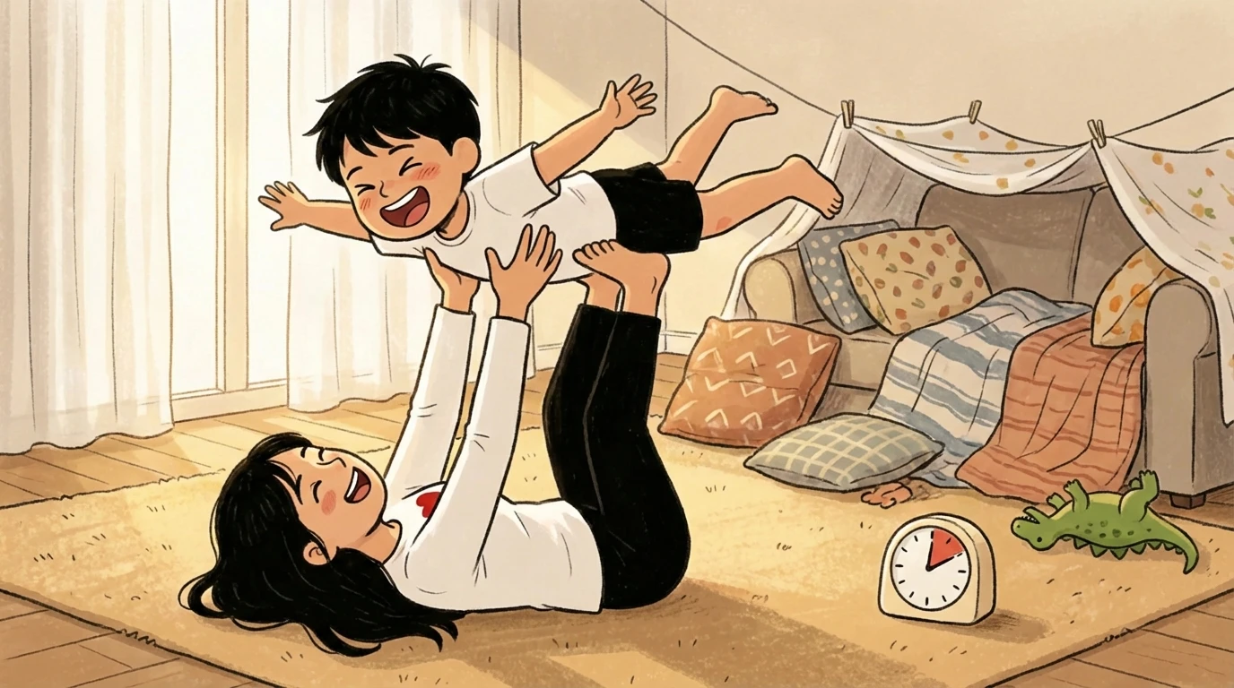 Parent lifts laughing child overhead on the living room floor; a timer sits nearby before bedtime