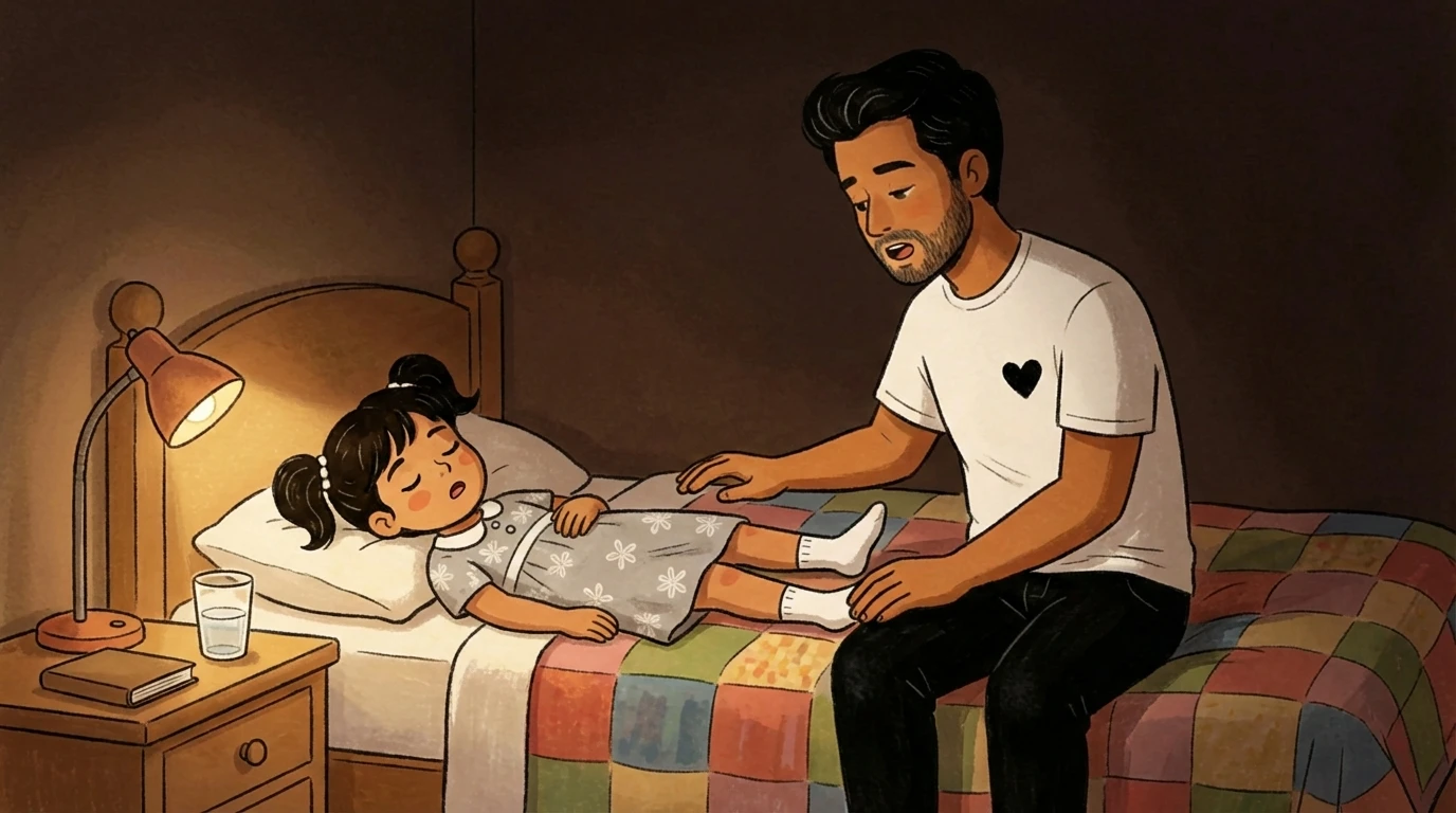 Father sings softly to a sleeping child in a dim bedroom; warm lamp and water glass on nightstand