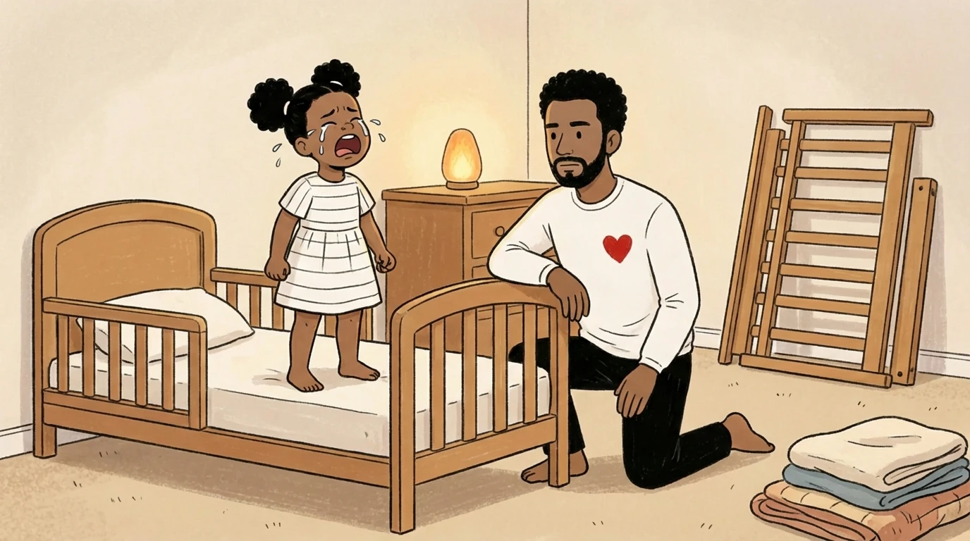 Toddler standing on new low toddler bed next to dismantled crib while adult kneels beside her