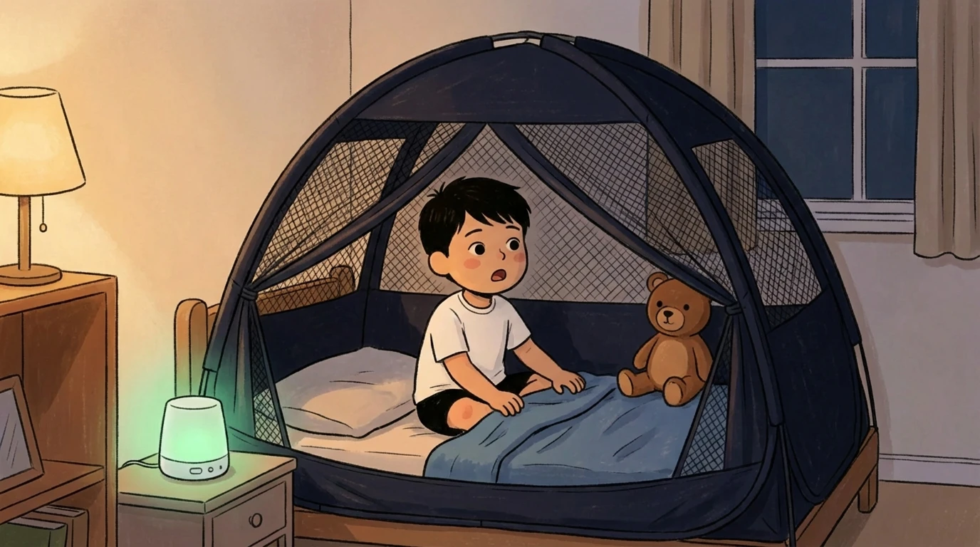 Toddler sitting inside a bed tent canopy with a stuffed bear and a glowing nightlight nearby