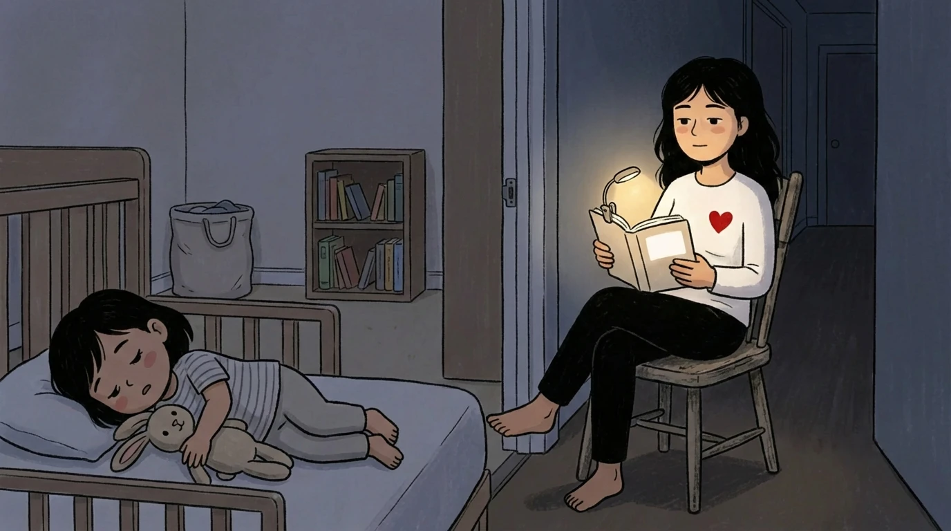 Toddler asleep in low bed hugging a plush toy while adult sits in chair nearby reading by lamplight