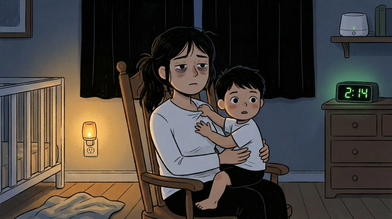 Adult in rocking chair holding a toddler in a dark nursery, clock showing 2:14 AM