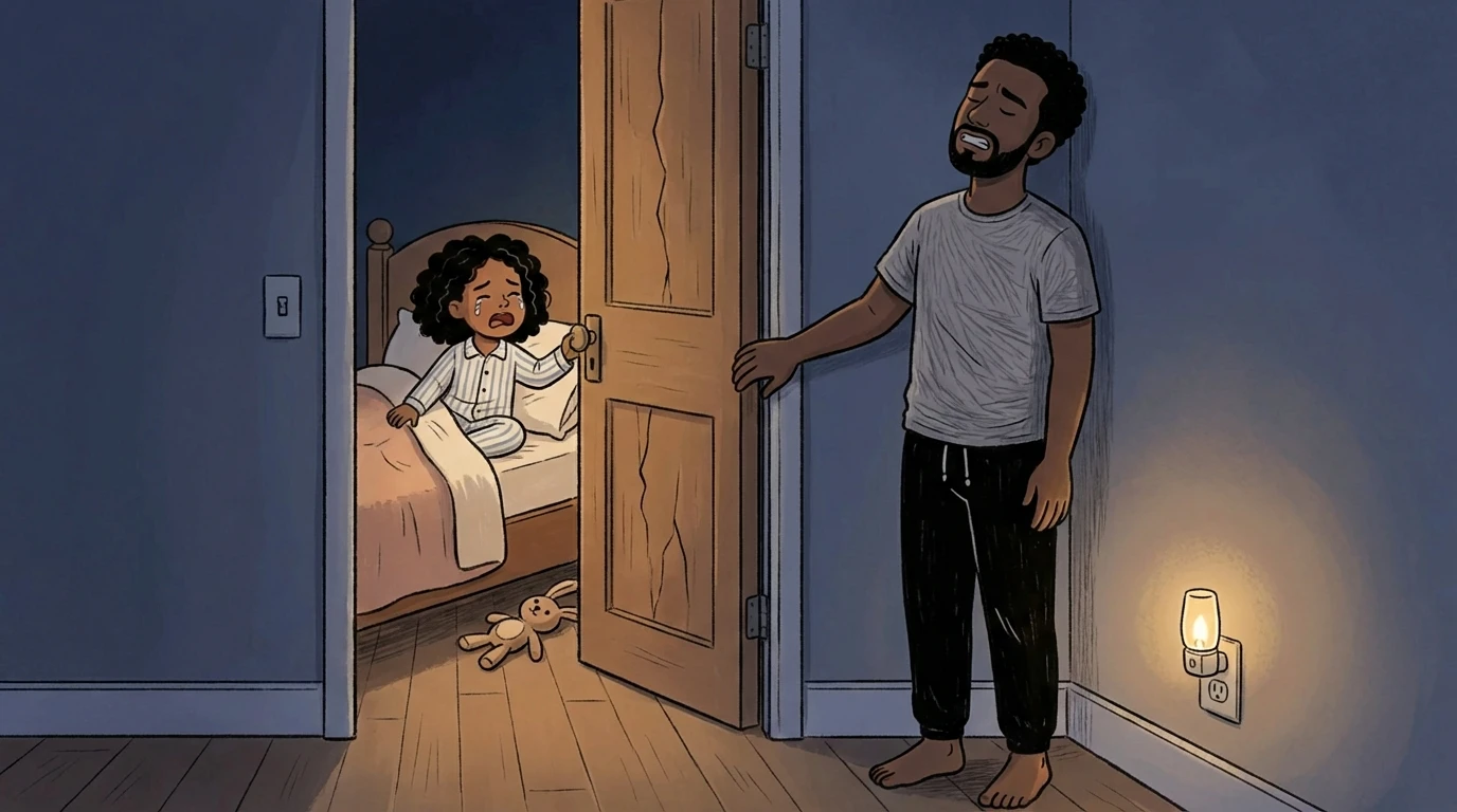 Adult in pajamas opening a child's bedroom door at night, child sitting up in bed
