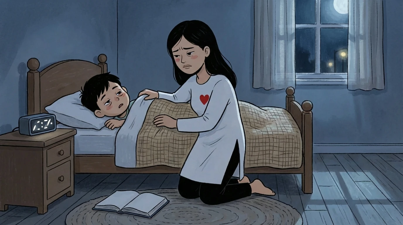 Adult kneeling beside a child's bed at night, tucking the child back under a blanket