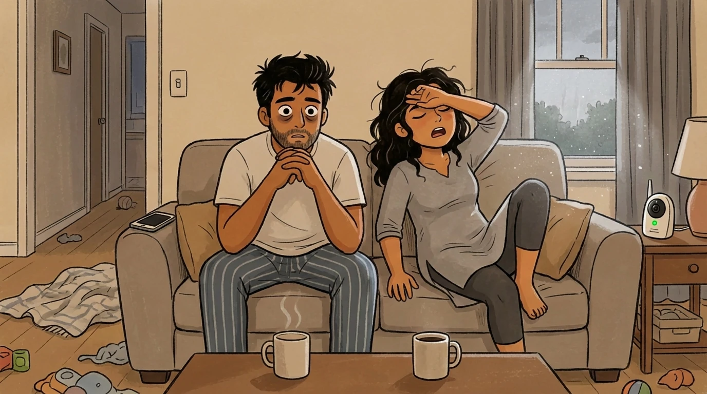 Two adults sitting on a sofa with coffee mugs, scattered toys on the floor around them